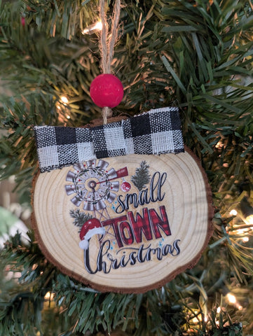 Small Town Christmas with buffalo plaid bow on one side- Wood Round