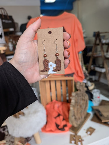 Wood Cowboy Boot Dangle Earrings