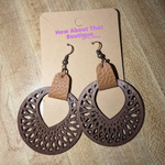 Boho Wooden Circle Dangle Earrings- Tan Faux Leather bind