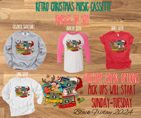 Retro Christmas Music Cassette Tape - Graphic Tees, long sleeves, and crewnecks! (BFSALE)