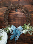 18 inch grapevine wreath-Denim Bow with greenery