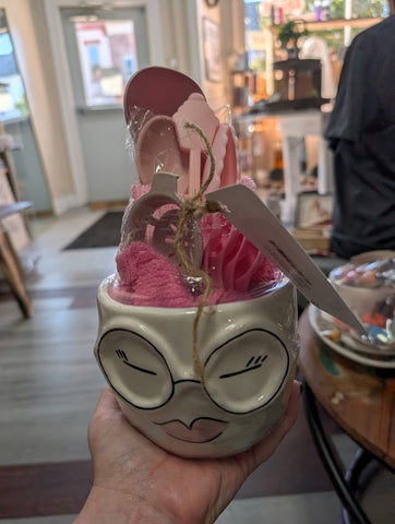 Small Crock (glasses) with pink baking items