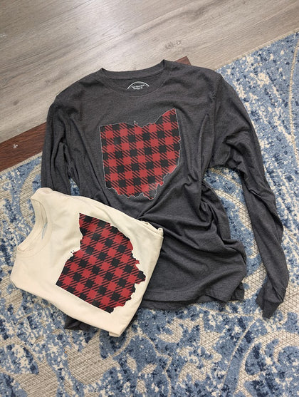 Buffalo Plaid State Of Ohio- Tees, Crews, and Long Sleeves