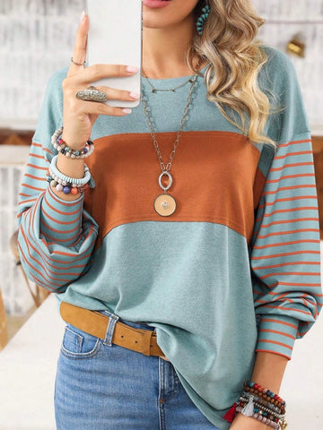 Round Neck Casual Striped Contrast Long Sleeved T-Shirt